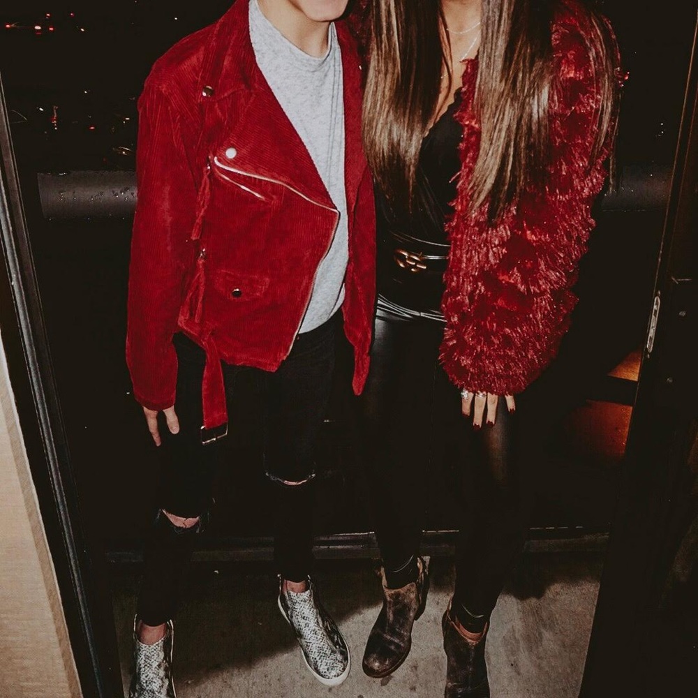 Women’s red corduroy biker jacket